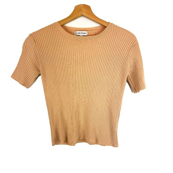 Oscar Street Camel Half Sleeve Ribbed Crop Sweater Top S/M - Picture 1 of 4